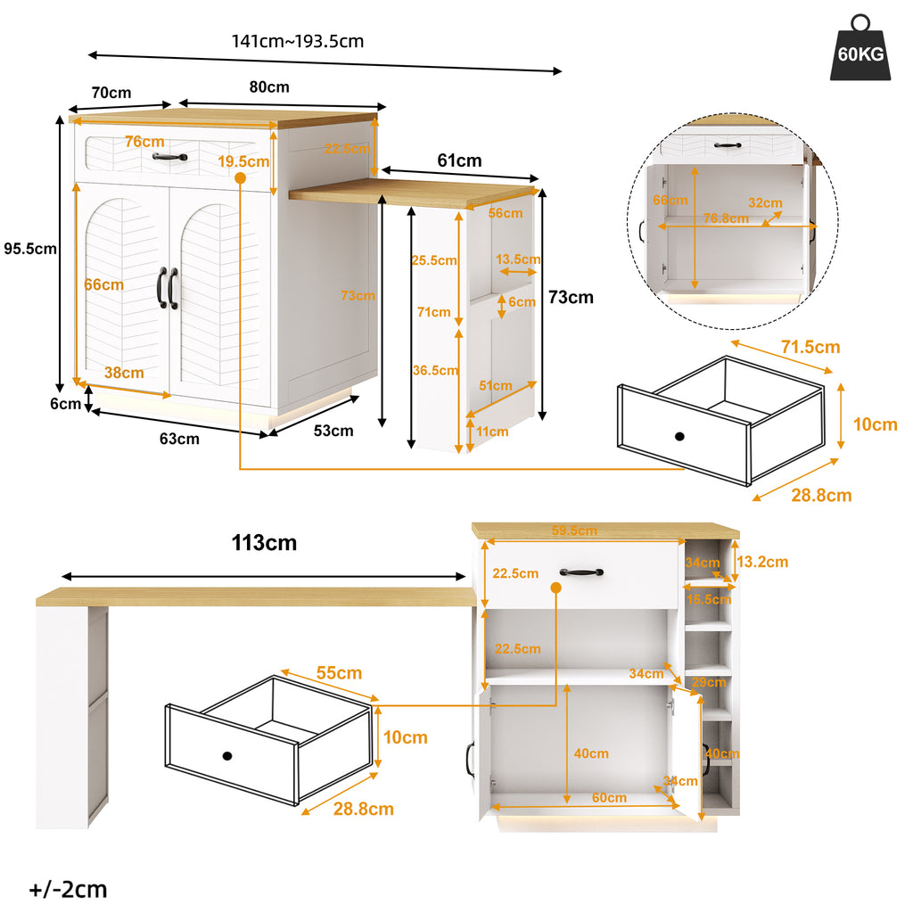 Extendable Kitchen Island with Dining Table, Multifunctional Storage Cabinet with Drawers, Doors, Wine Rack & LED Light, for Kitchen & Dining Room