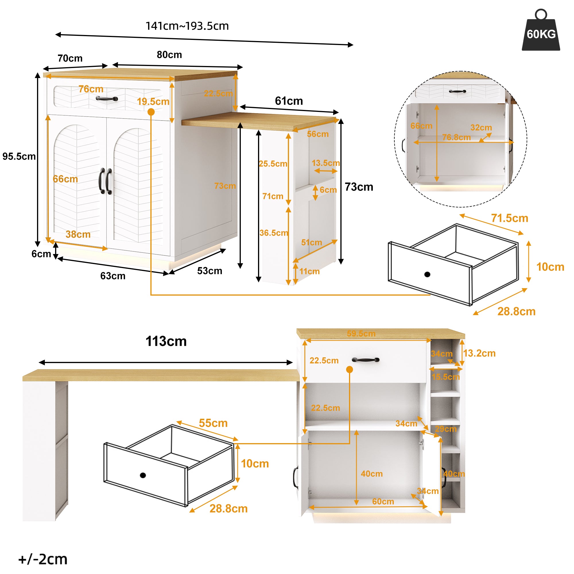 Extendable Kitchen Island with Dining Table, Multifunctional Storage Cabinet with Drawers, Doors, Wine Rack & LED Light, for Kitchen & Dining Room