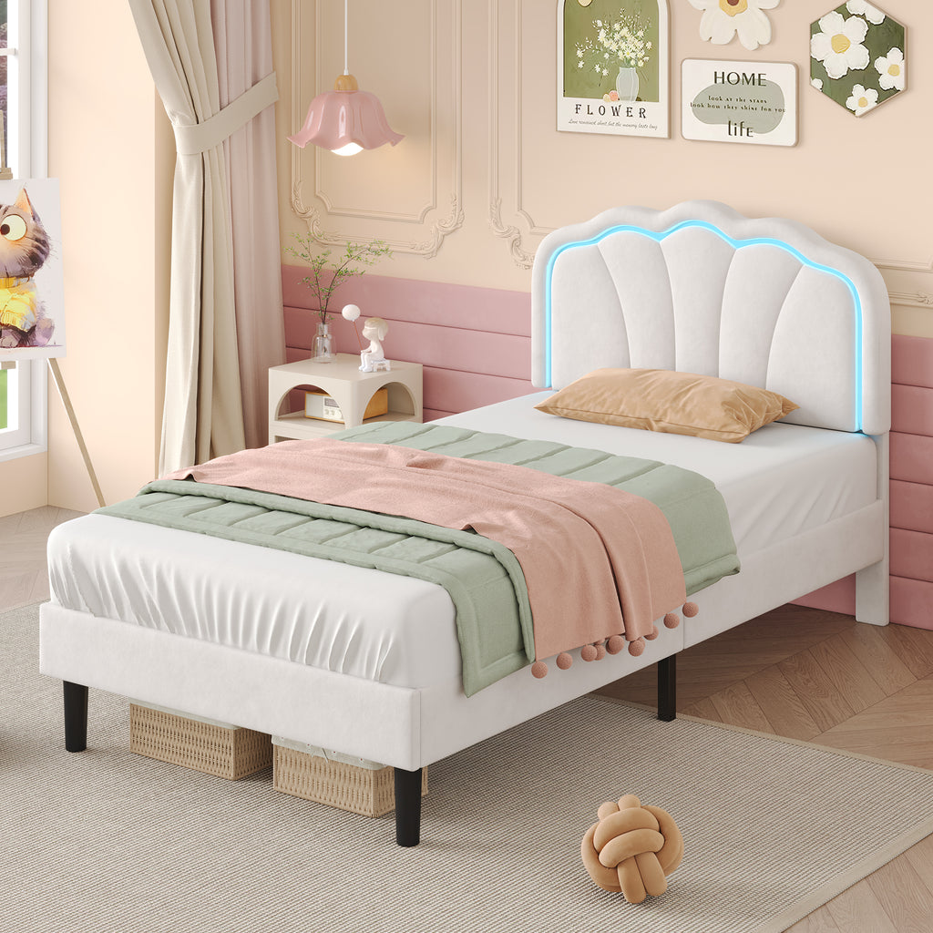 3ft Single Upholstered Bed with LED Adjustable Shell Shape Headboard, Soft Velvet Bed Frame with Solid Wood Slat, No Box Spring Needed, Easy Assembly, Cream White (No Mattress)
