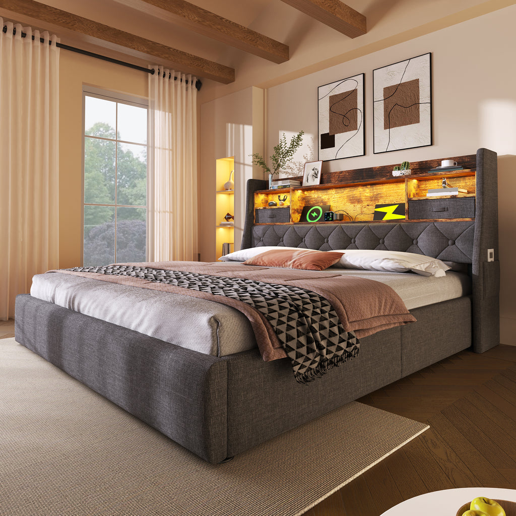 Upholstered Bed 4ft6 Hydraulic Bed with LED Lighting, USB Type-C Charging, Storage Headboard for Cellphones & Tablets, 135 x 190 cm Double Bed with Metal Slatted Frame, Linen, Grey (No Mattress)