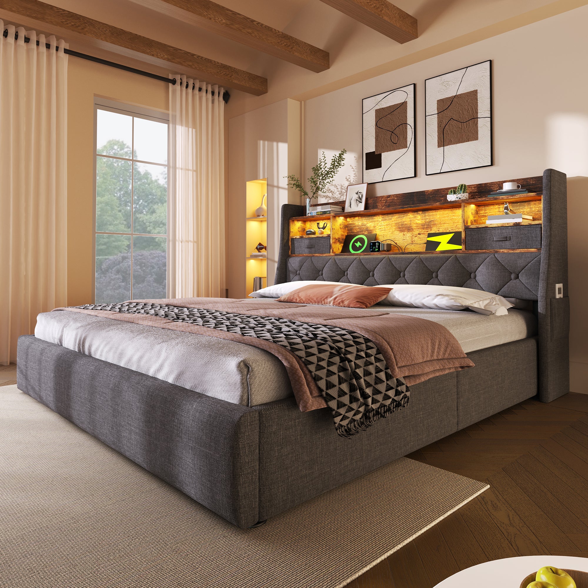 Upholstered Bed 4ft6 Hydraulic Bed with LED Lighting, USB Type-C Charging, Storage Headboard for Cellphones & Tablets, 135 x 190 cm Double Bed with Metal Slatted Frame, Linen, Grey (No Mattress)