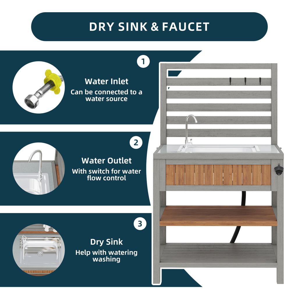 Garden cabinet with water basin & tap and integrated bottle opener – weatherproof tool cabinet with large work surface & drawer, grill station with adjustable shelves, outdoor kitchen cabinet
