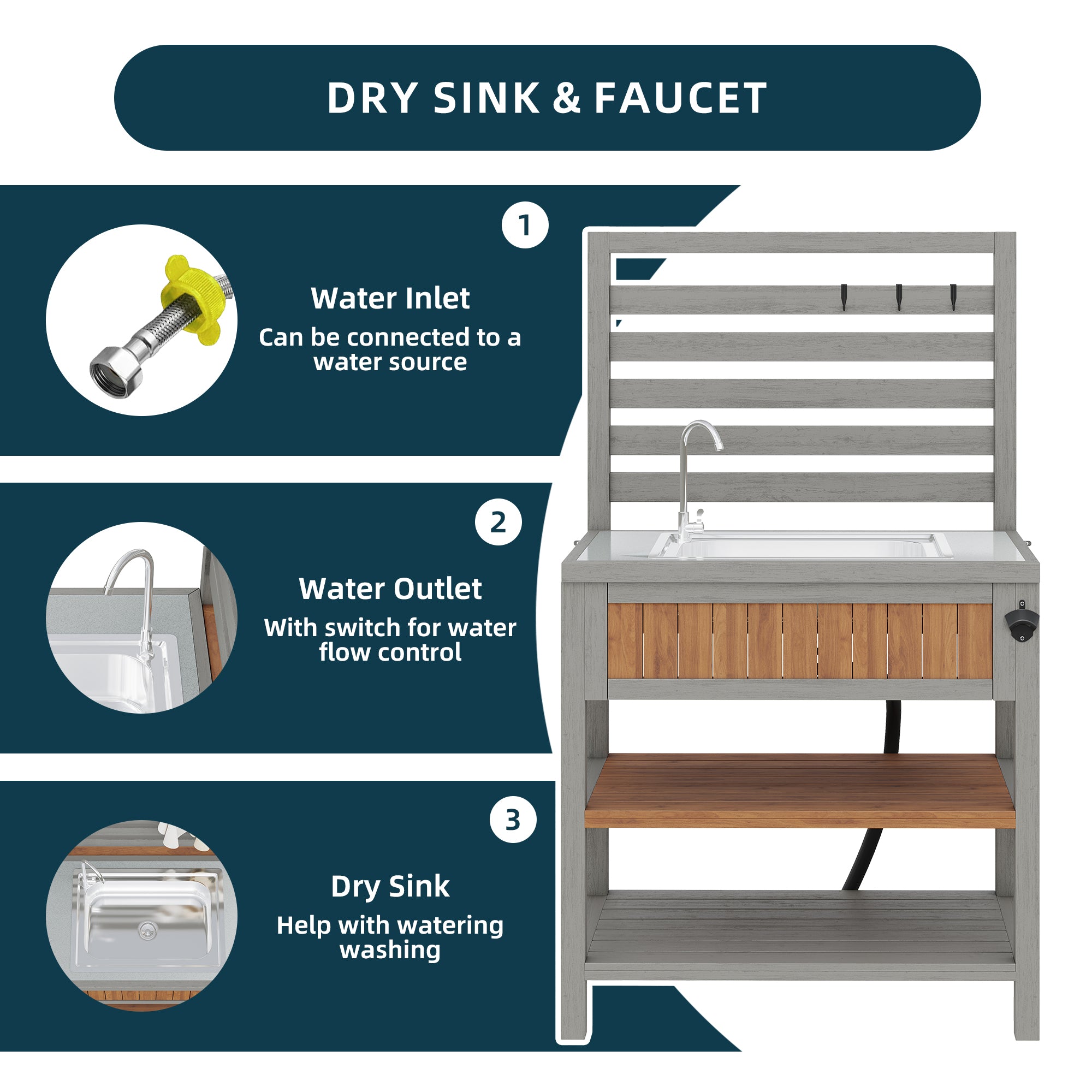 Garden cabinet with water basin & tap and integrated bottle opener – weatherproof tool cabinet with large work surface & drawer, grill station with adjustable shelves, outdoor kitchen cabinet