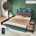 Double Bed with 4 Storage Drawers, Bed Frame with Concealed Headboard Storage, Button Tufted Headboard with RGB LED Lighting and Charging Station, Linen, Grey(No Mattress)