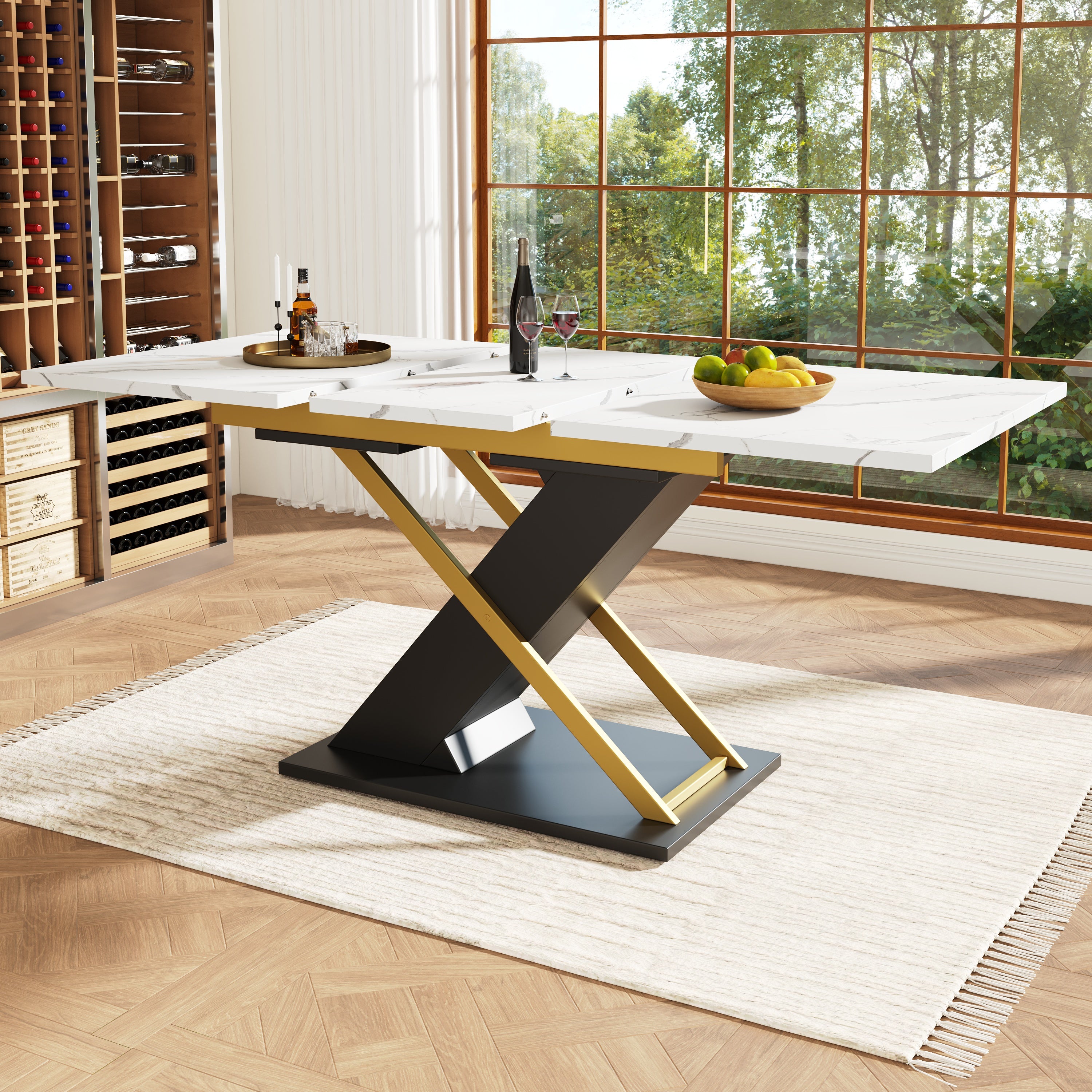 Extendable dining table (120–160 × 80 cm), kitchen/living room table, extendable table, extendable to 160 cm with the aid of an internal insert panel, dining table with golden cross legs