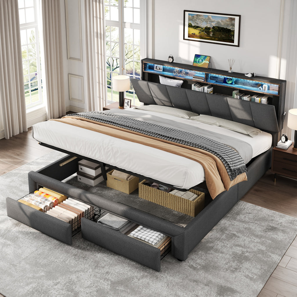 5ft King Upholstered Bed Frame with Hydraulic and Drawers Storage, LED Adjustable Headboard with Charging Station and Concealed Headboard Storage, Linen, No Box Spring Needed, Grey (No Mattress)