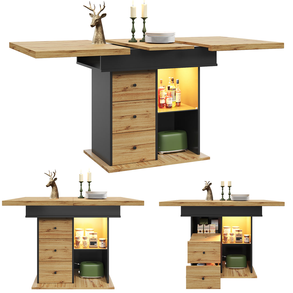 Telescopic dining table (110-140 x 80 cm), foldable kitchen table for 4-6 people, extendable dining table, space-saving kitchen table, for kitchen and living room, table with LED lighting