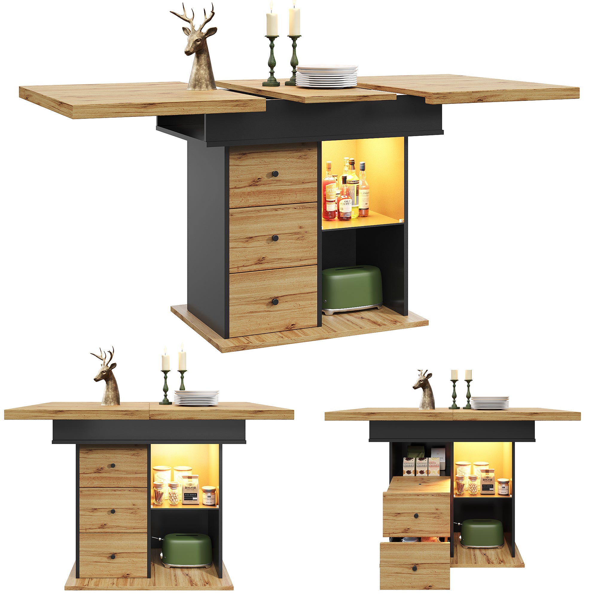 Telescopic dining table (110-140 x 80 cm), foldable kitchen table for 4-6 people, extendable dining table, space-saving kitchen table, for kitchen and living room, table with LED lighting