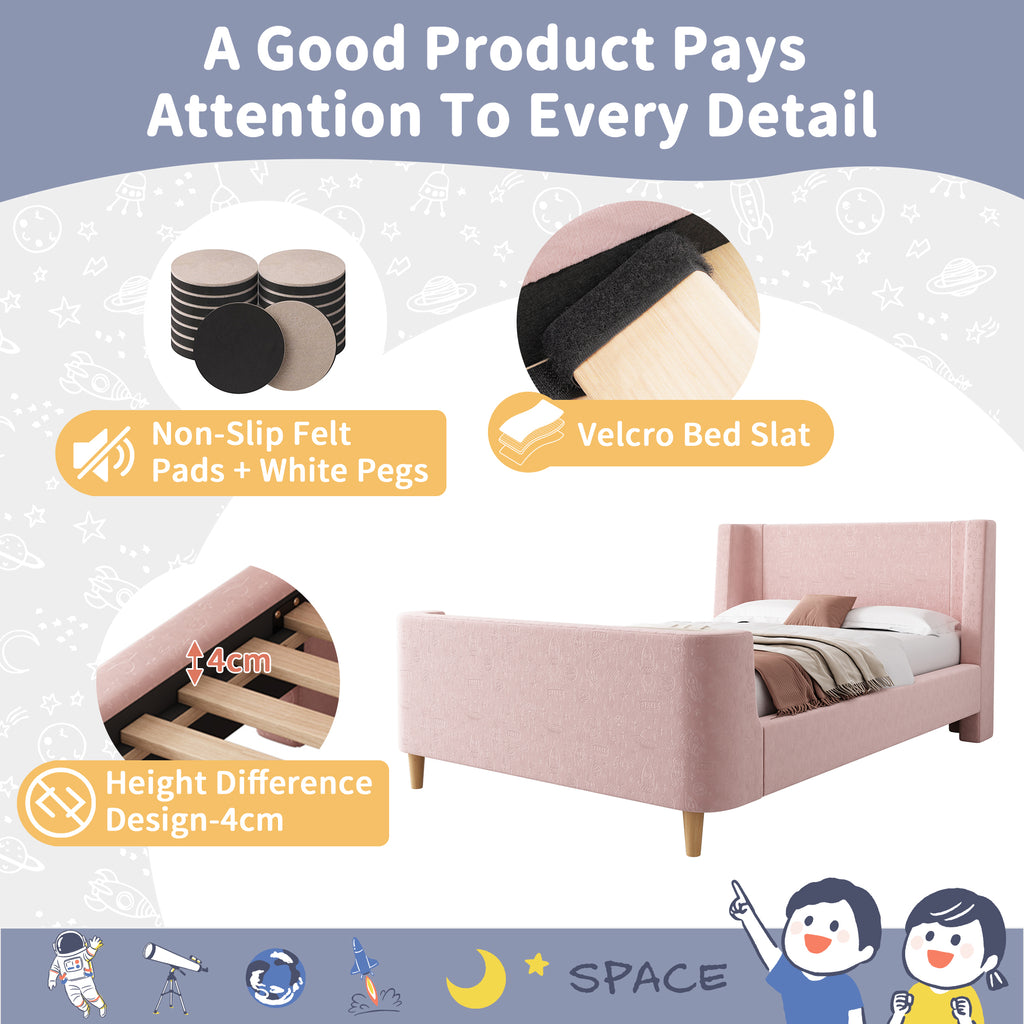 3FT Upholstered Bed, 90 x 190 cm Single Bed with Cosmic Pattern, Sleigh-style Teen Bed, Bed Frame for Boys and Girls, Pink, Velvet (Without Mattress)