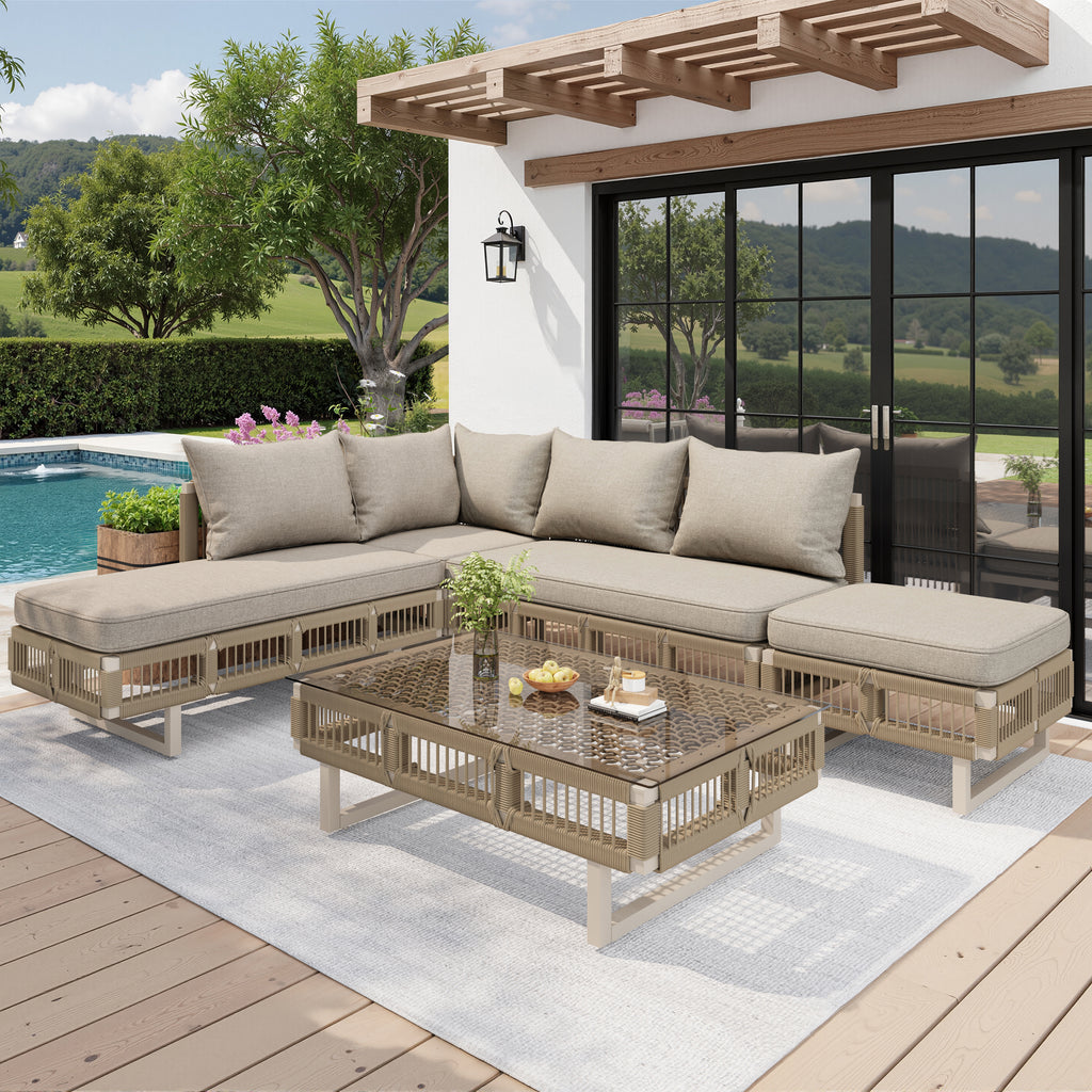 Modular Rope-Woven Outdoor Sofa Set with Tempered Glass Coffee Table, 10cm Thick Cushions, for Patio & Poolside