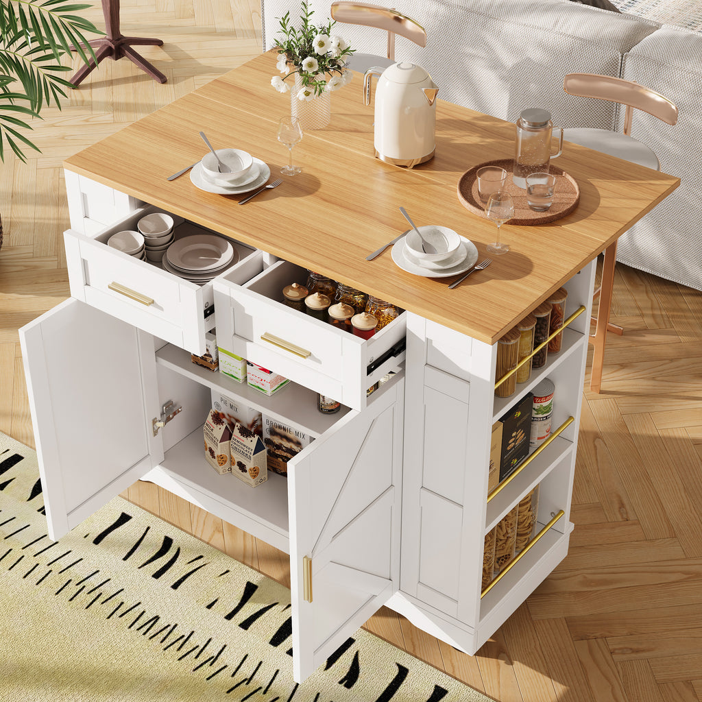 Kitchen Island on Wheels, Rolling Island Cart with 2 Drawers and Double-Sided Storage Racks, Storage Cabinet with Foldable Worktop, Mobile Carts, Portable Trolley for Home and Kitchen, White