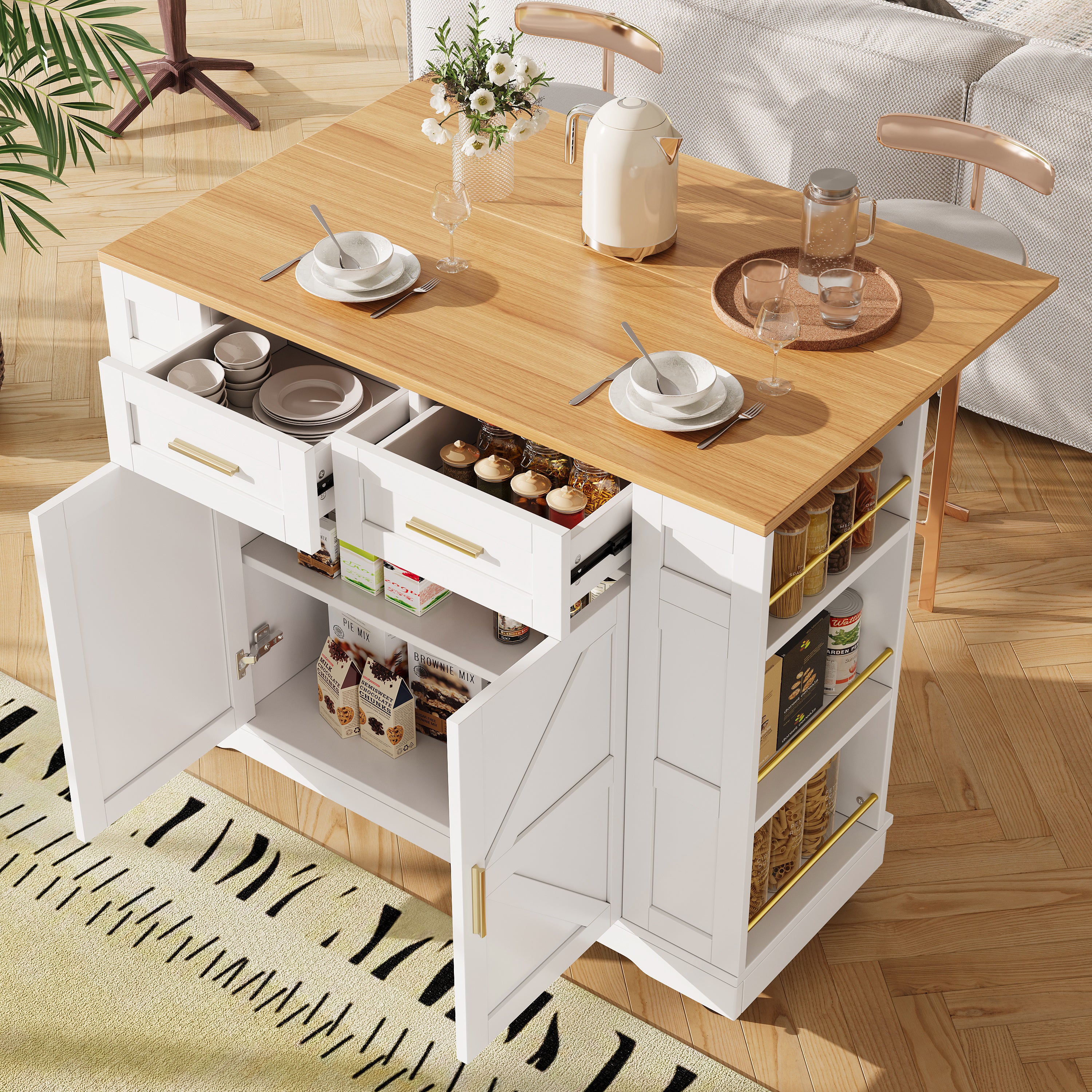 Kitchen Island on Wheels, Rolling Island Cart with 2 Drawers and Double-Sided Storage Racks, Storage Cabinet with Foldable Worktop, Mobile Carts, Portable Trolley for Home and Kitchen, White