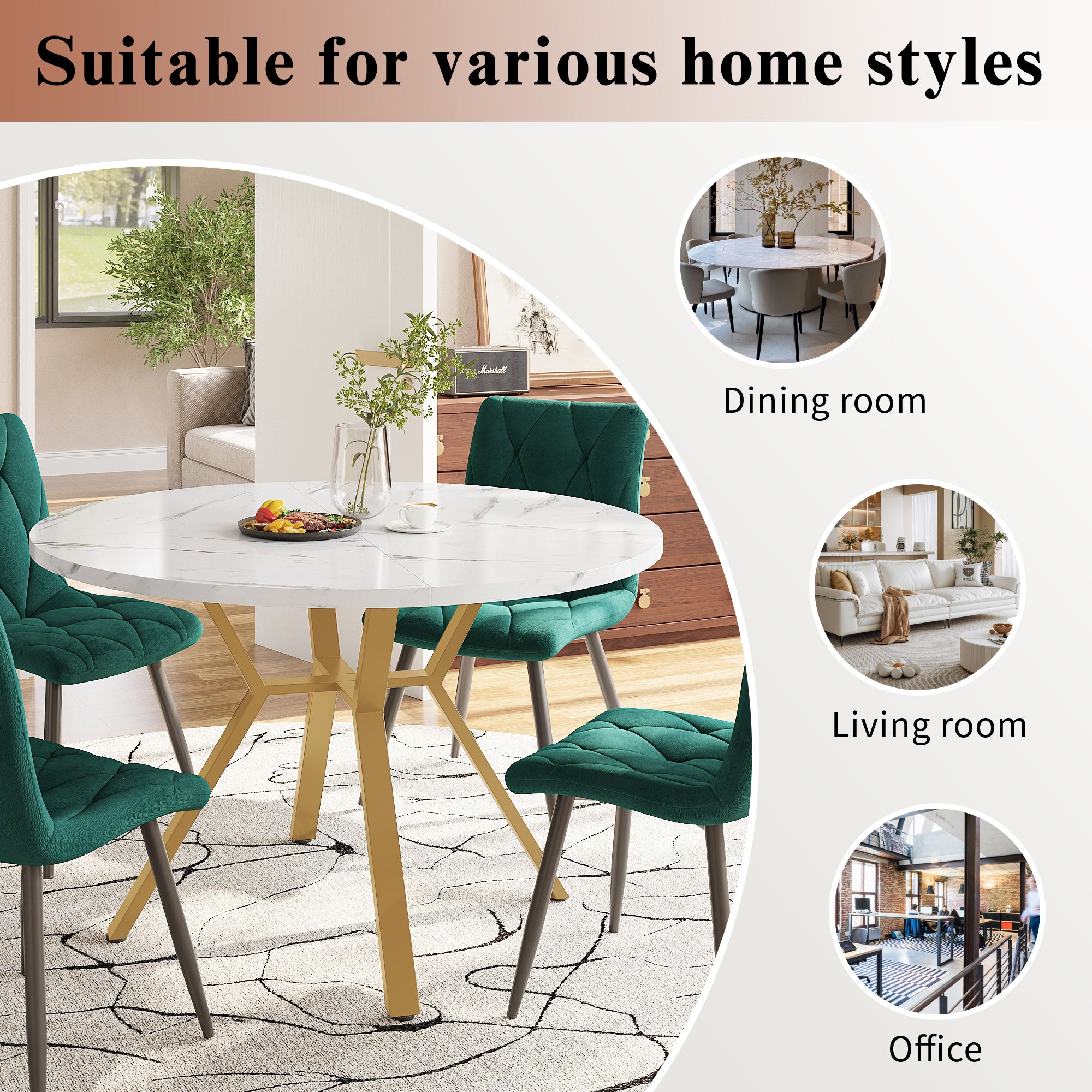 Dining table set, dining table and chair set (5-piece), modern, simple round marble dining table and chair set, gold-coloured metal table legs + 4 ergonomic velvet chairs, green dining chairs