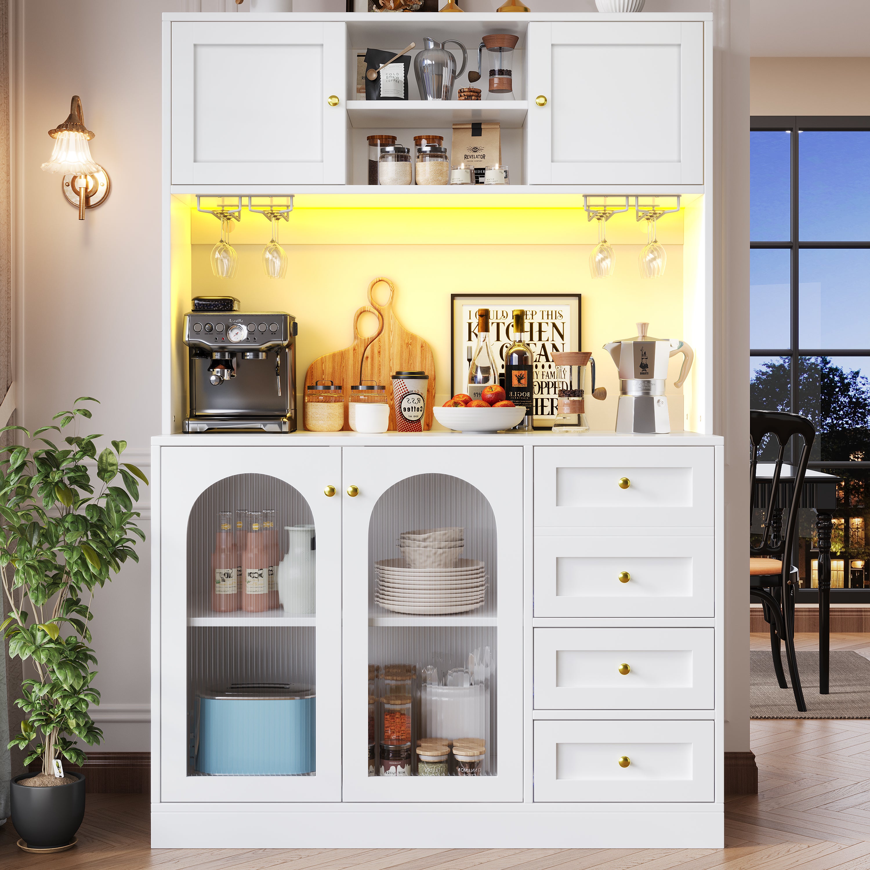 Sideboard / Storage Cabinet / Kitchen Cabinet / Buffet Cabinet, 120x40x188cm, Farmhouse Style, 4 Doors, with LED Light Strip & Drink Holders, Black/White (Fluted Glass Doors)