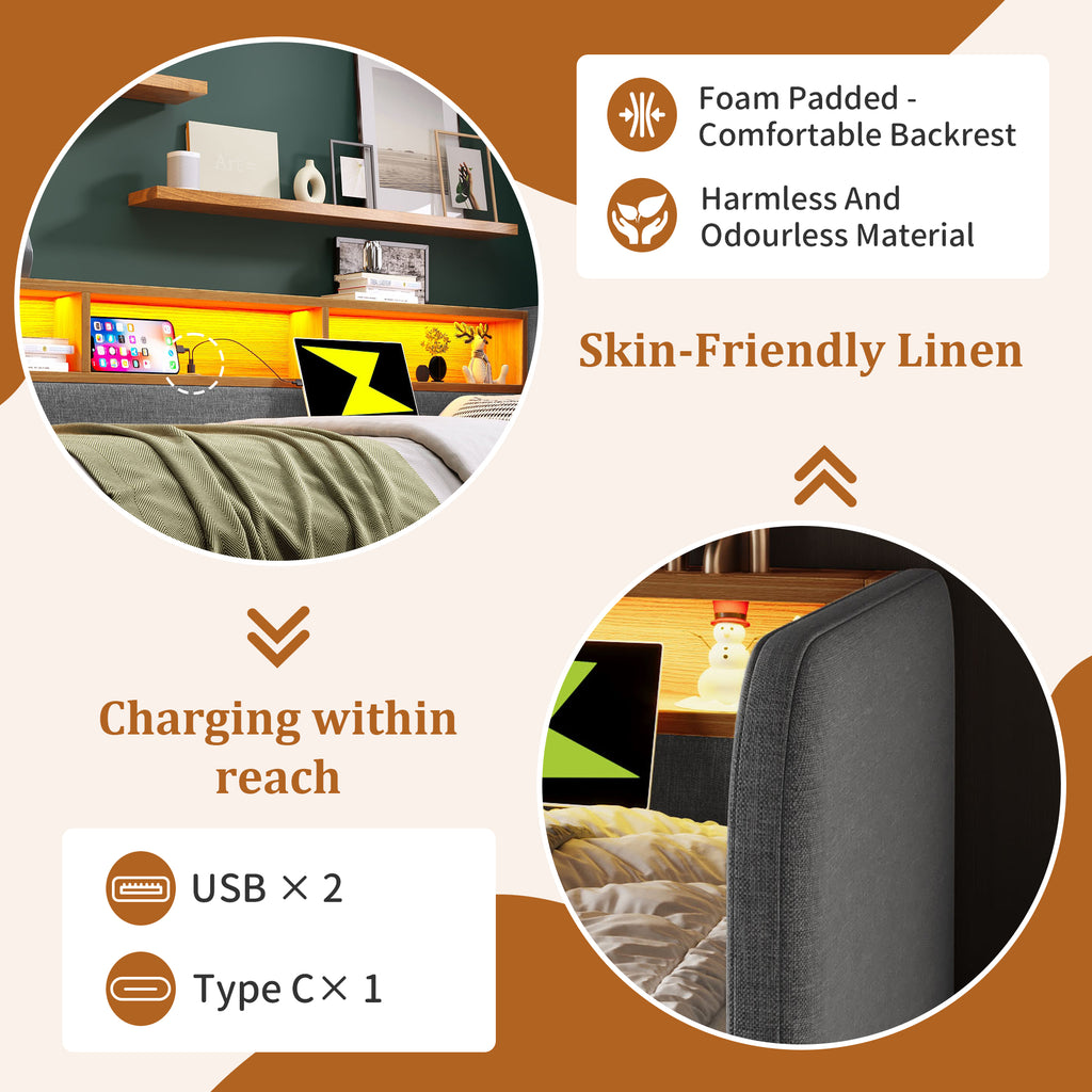 Upholstered Daybed with Headboard Storage, 90 x 190 cm Single Sofa Bed with LED and USB Type-C Reading Light, 3FT Daybed with 2 Drawers, Linen, Grey (Without Mattress)