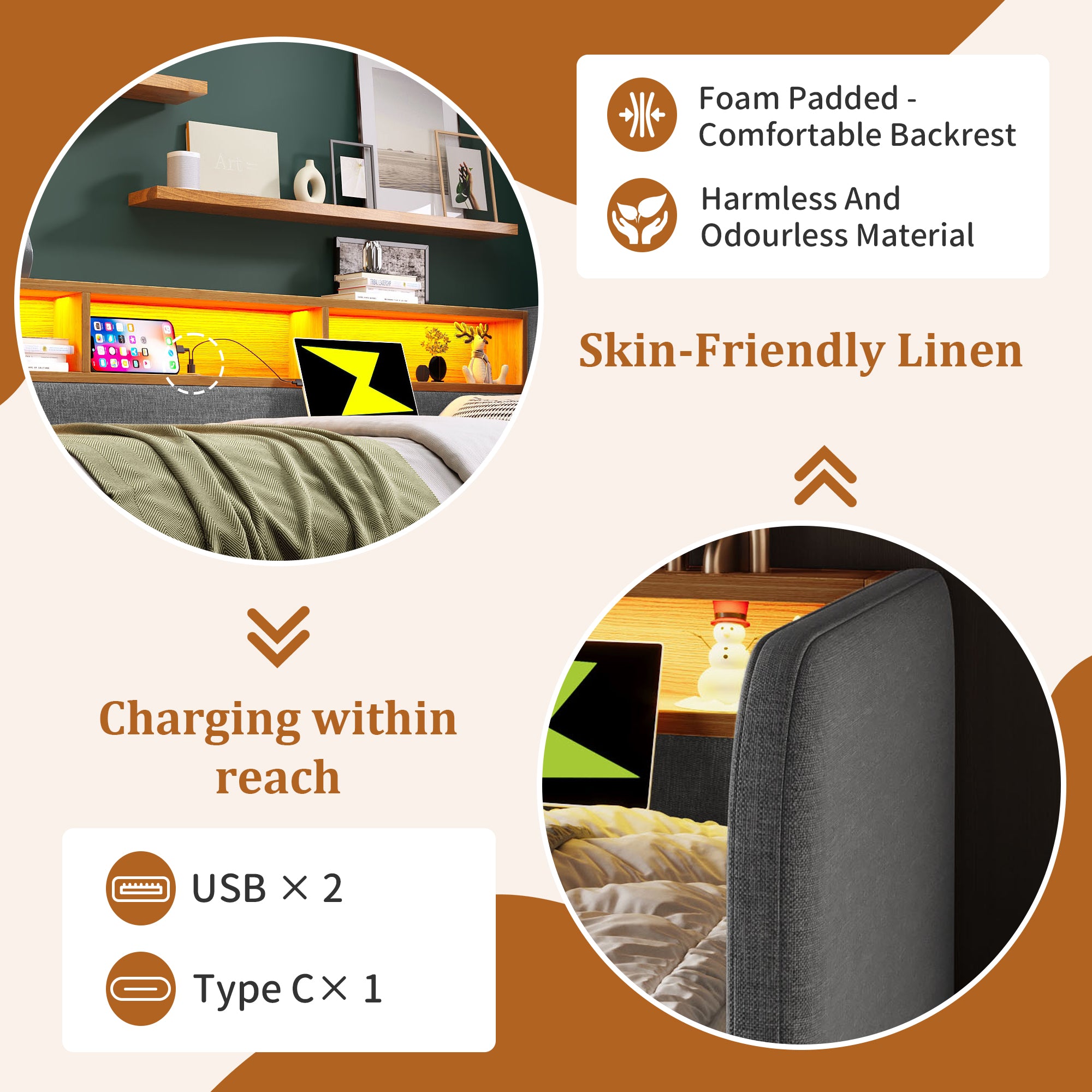 Upholstered Daybed with Headboard Storage, 90 x 190 cm Single Sofa Bed with LED and USB Type-C Reading Light, 3FT Daybed with 2 Drawers, Linen, Grey (Without Mattress)