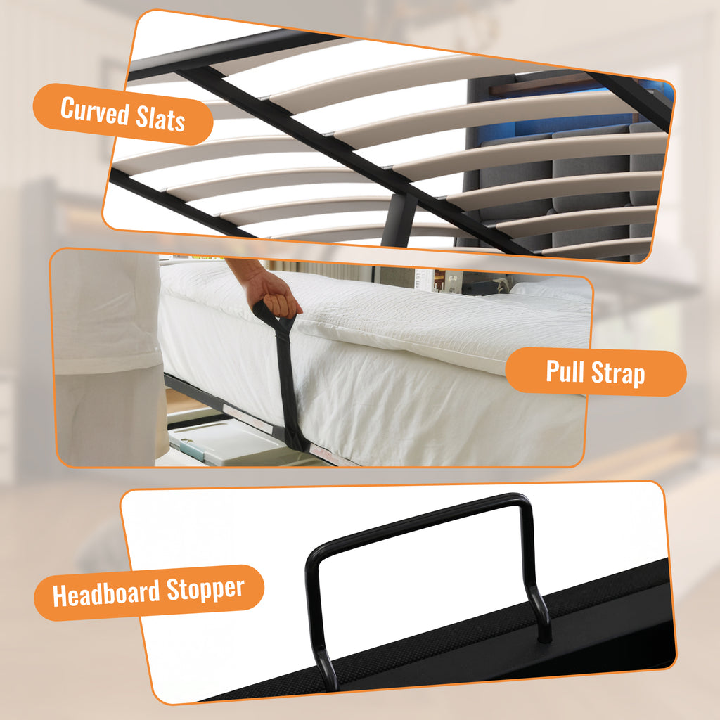 Upholstered Bed 180 x 200 cm with LED Lighting, USB Type-C Charging Function, Storage Headboard, 6FT Super King Size Storage Bed Frame with Metal Slatted Frame, Linen, Grey (No Mattress)