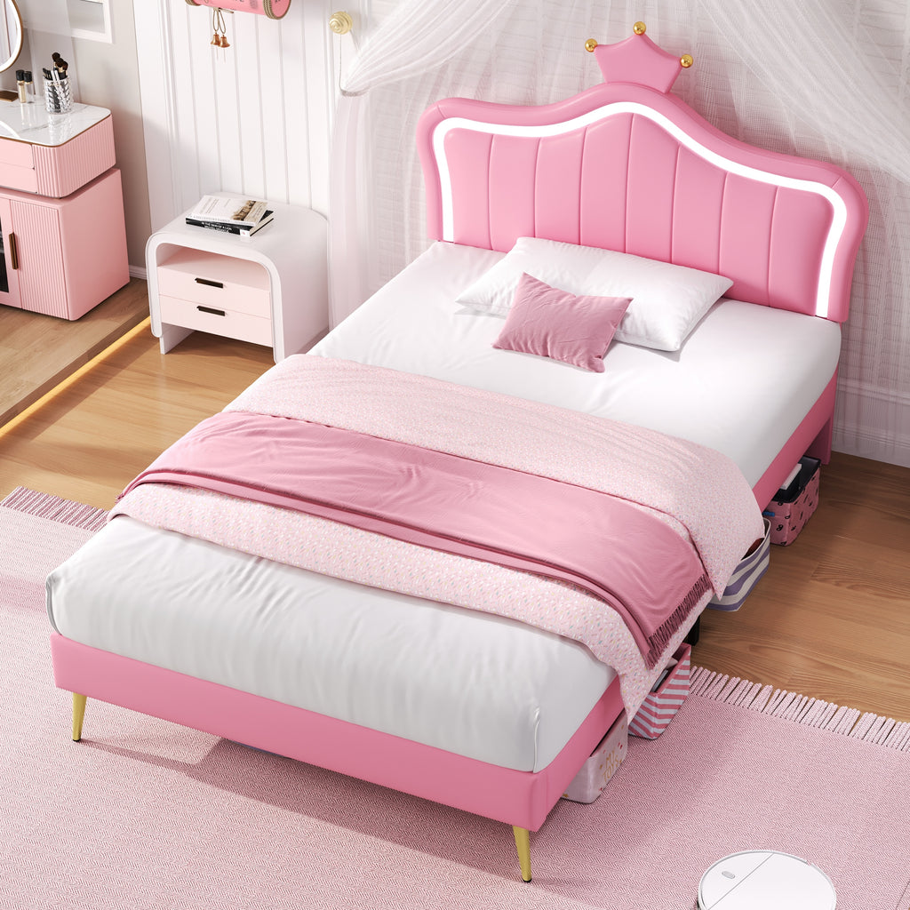 3ft Single Upholstered Bed with LED Adjustable Crown Shape Headboard, PU Leather Bed Frame with Solid Wood Slat, No Box Spring Needed, Easy Assembly, Pink (No Mattress)