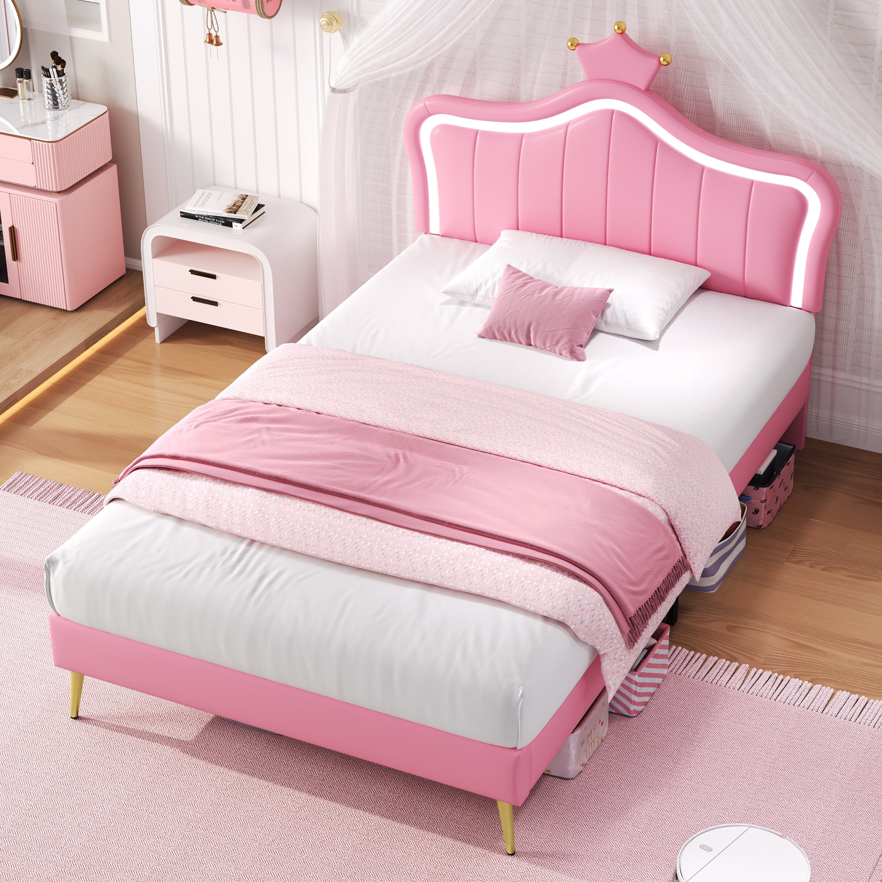 3ft Single Upholstered Bed with LED Adjustable Crown Shape Headboard, PU Leather Bed Frame with Solid Wood Slat, No Box Spring Needed, Easy Assembly, Pink (No Mattress)