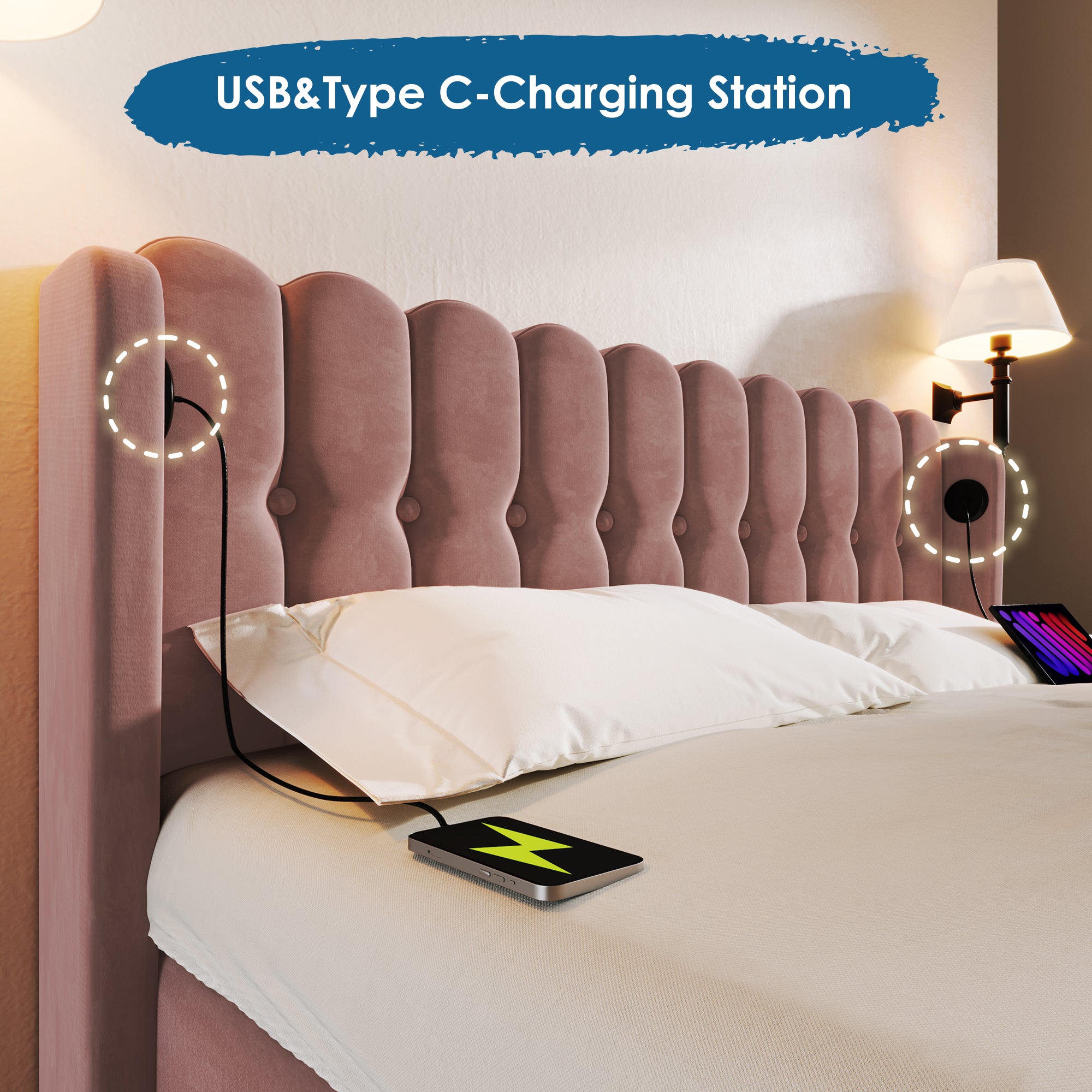 Upholstered Double Bed with USB and Type-C Charging, Bed Frame with Wooden Slatted Frame, Teenager Bed for Bedroom & Guest Room, 4ft6 135 x 190 cm Bed Frame, Pink, Velvet Material (No Mattress).