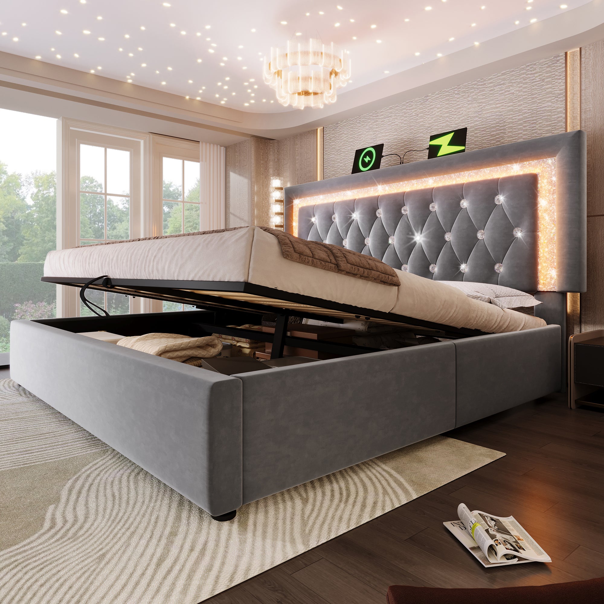 Upholstered Double Bed 135 x 190 cm with LED Lighting, USB Type-C Charging, 4ft6 Hydraulic Storage Bed with Adjustable Diamond Tufted Headboard, Velvet, Grey (No Mattress)