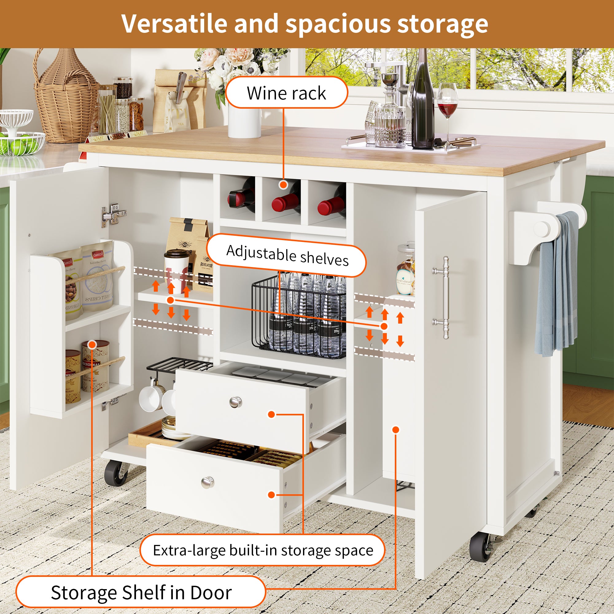 Kitchen cart, buffet cabinet, kitchen trolley with folding worktop, Kitchen island with towel rack and spice rack, wine rack and adjustable shelves, white