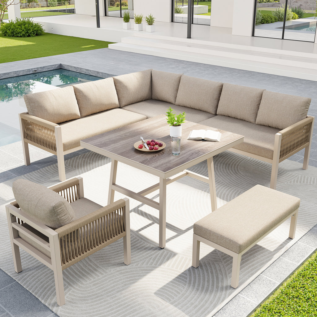 Handwoven L-shaped garden sofa set for up to 8 people, Sturdy iron frame with beige cushions, Complete with table (wood-look glass) & 1 armchair, Weatherproof patio furniture