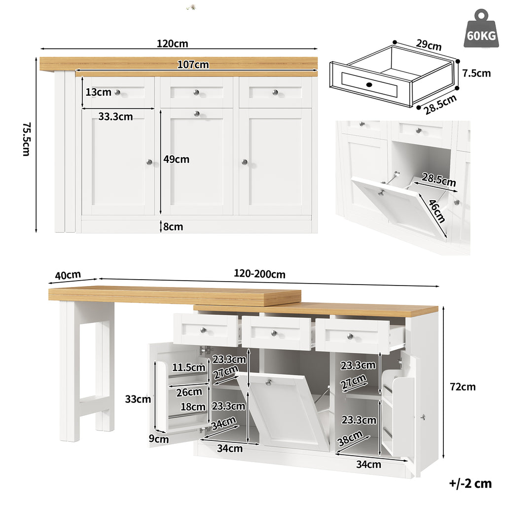 Extendable bar table with storage space, fold-out dining table with drawer and snack tray, pull-out bin holder (bin not included), space-saving design for small flats, kitchens, balconies,
White