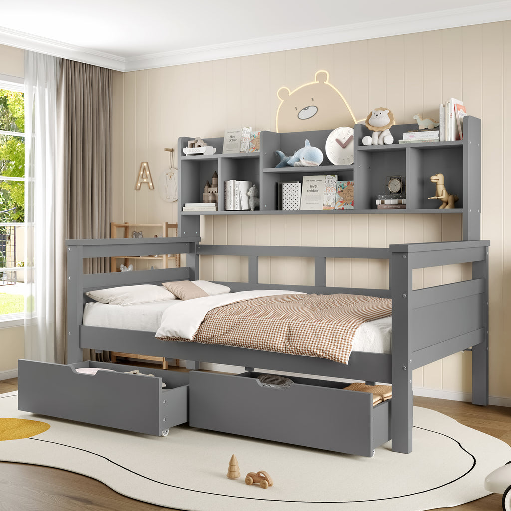 3ft Single Beds for Kids with Two Storage Drawers and Bookcase headboard, Wooden Bed Frame with Storage and Guardrail, Space-Saving Design for Bedroom, Dorm and Study Room, Grey (No Mattress)