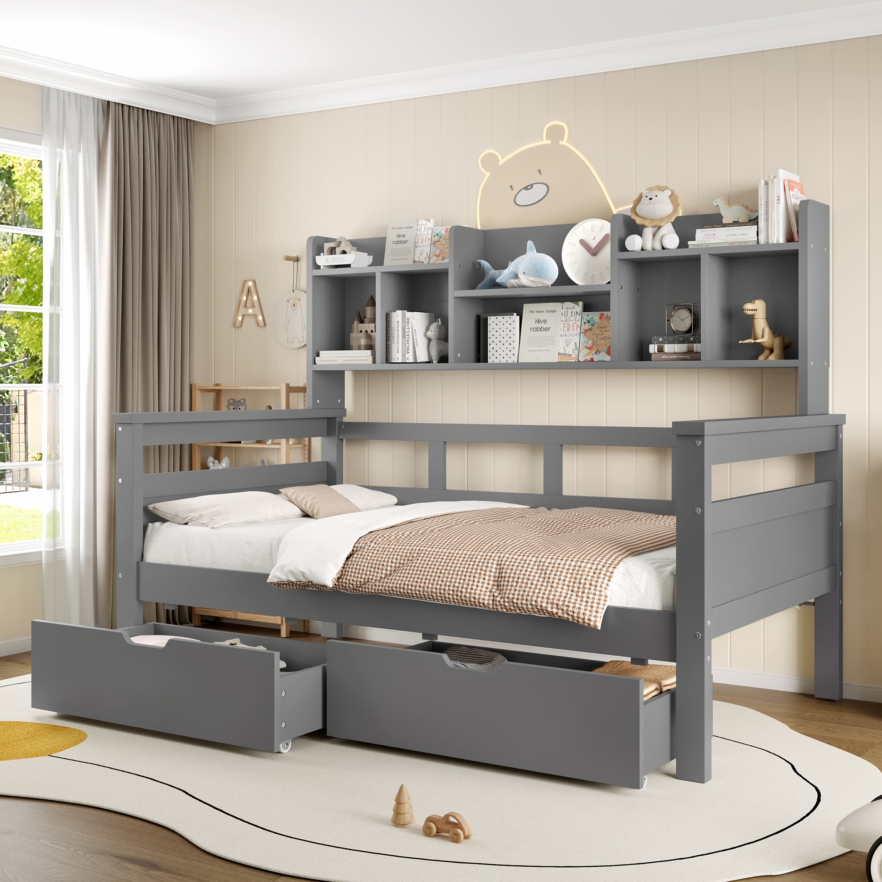 3ft Single Beds for Kids with Two Storage Drawers and Bookcase headboard, Wooden Bed Frame with Storage and Guardrail, Space-Saving Design for Bedroom, Dorm and Study Room, Grey (No Mattress)