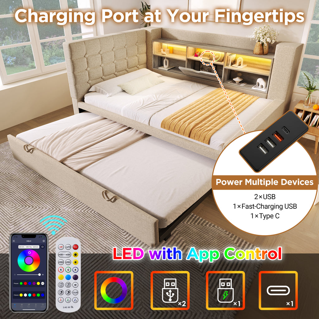 Daybed Upholstered Bed 90 x 190 cm, 3FT Single Sofa Bed with Storage, USB &Type C Charging Station, Pull out Trundle for Living Room and Bedroom, Linen, Beige (No Mattress)
