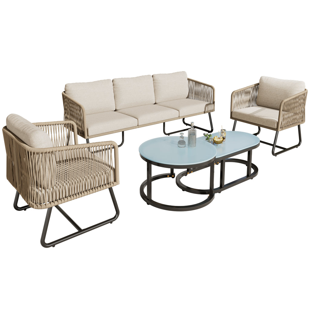 Outdoor Patio&Backyard Furniture Garden Lounge Set, Thick Quality Space Saving Sofas with Glass Coffee Table, Beige
