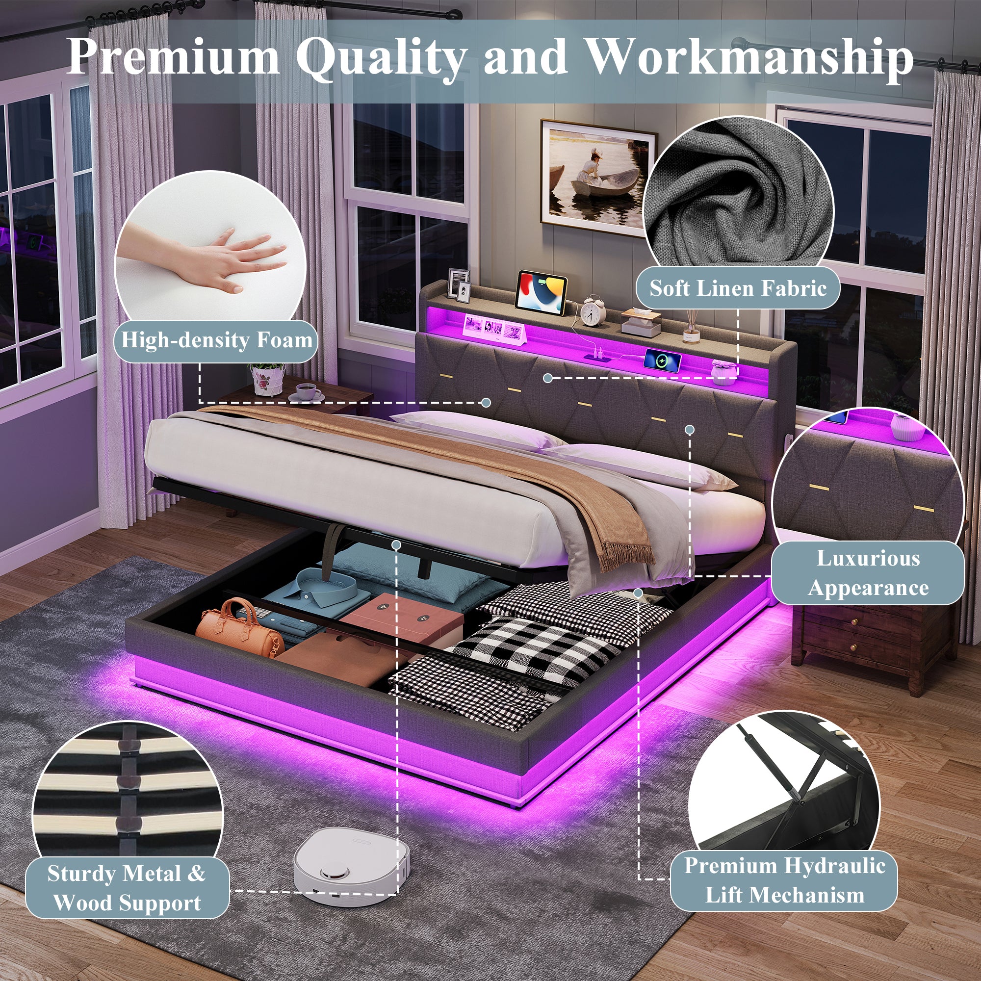 5ft King Upholstered Bed Frame with Hydraulic Storage,  LED Headboard with Charging Station and Concealed Headboard Storage, USB and Type - C Ports, Linen, No Box Spring Needed, Grey (No Mattress)