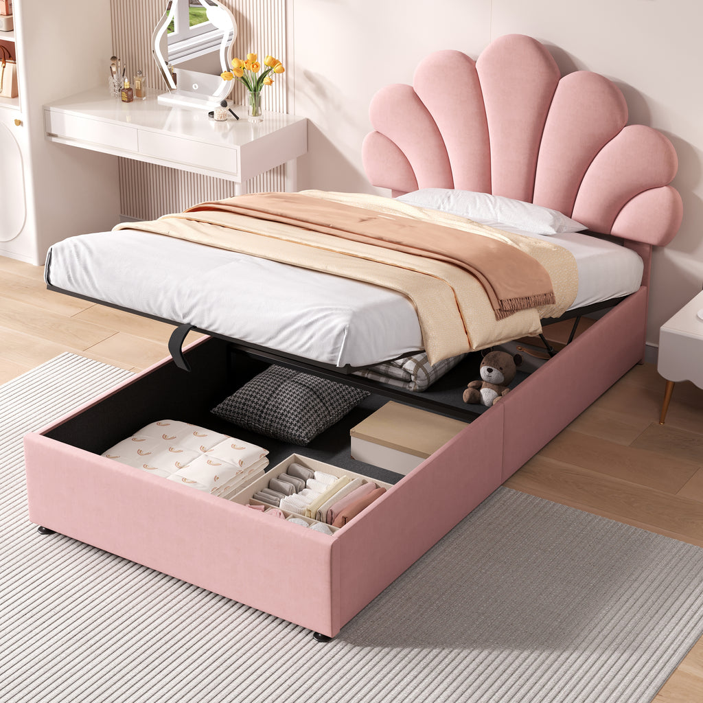 3ft Single Upholstered Hydraulic Bed with Adjustable Chic Petal Headboard, Soft Velvet Bed Frame with Hydraulic Storage, Petal Bed with Solid Wood Slat, No Box Spring Needed, Pink (No Mattress)