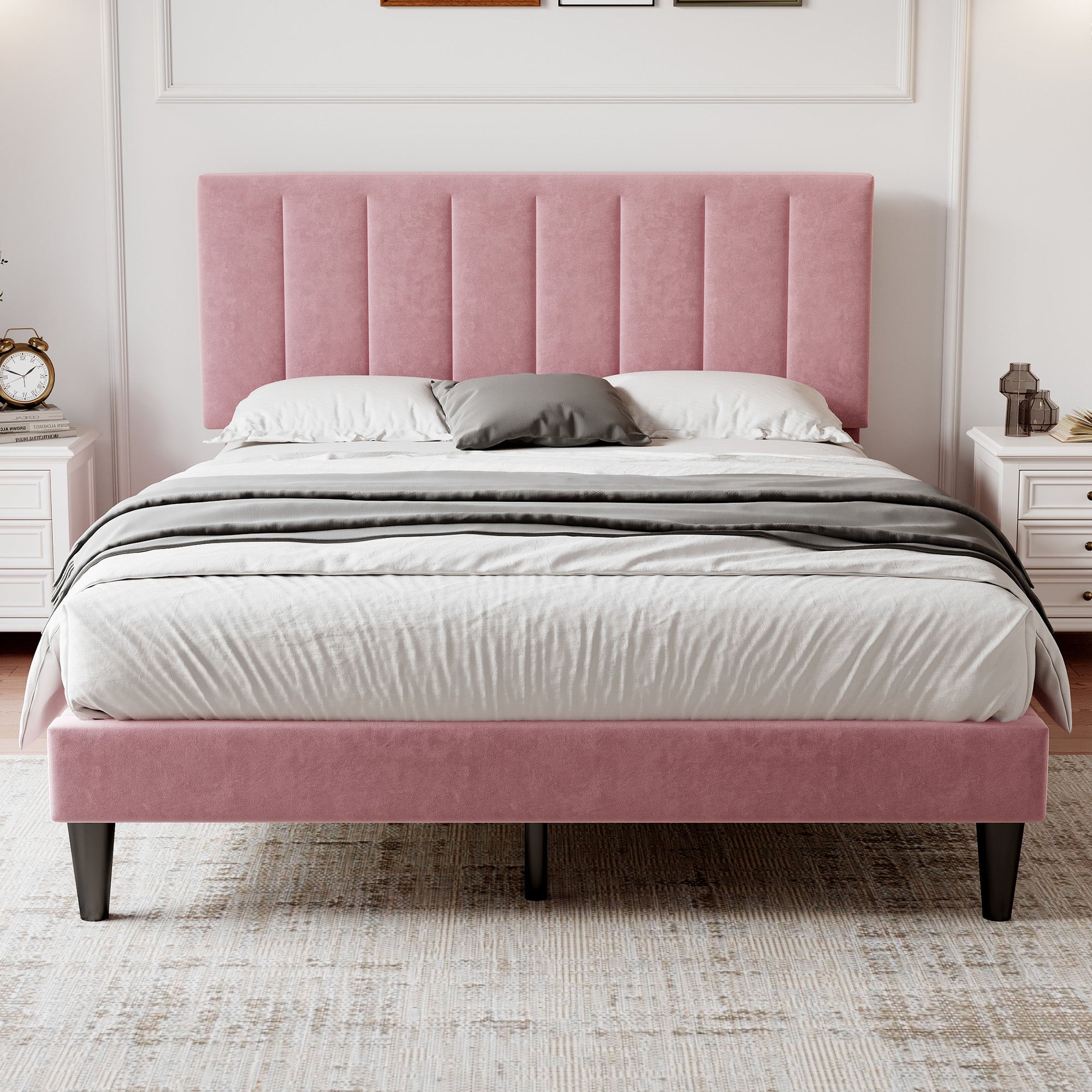 4ft6 Double Upholstered Velvet Bed Frame, with Adjustable Channel Tufted Headboard, Velvet Platform Bed Frame with Solid Wood Slat and Mute Foam, No Box Spring Needed, Easy Assembly, Pink
