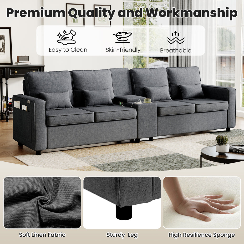 4-Seater Modern Sofa with Storage Console, Minimalist Style Couch with Side Pockets, Cup Holders and Charging Ports (USB & Type-C), for Living Room, Apartment, Office,Grey, Linen Fabric