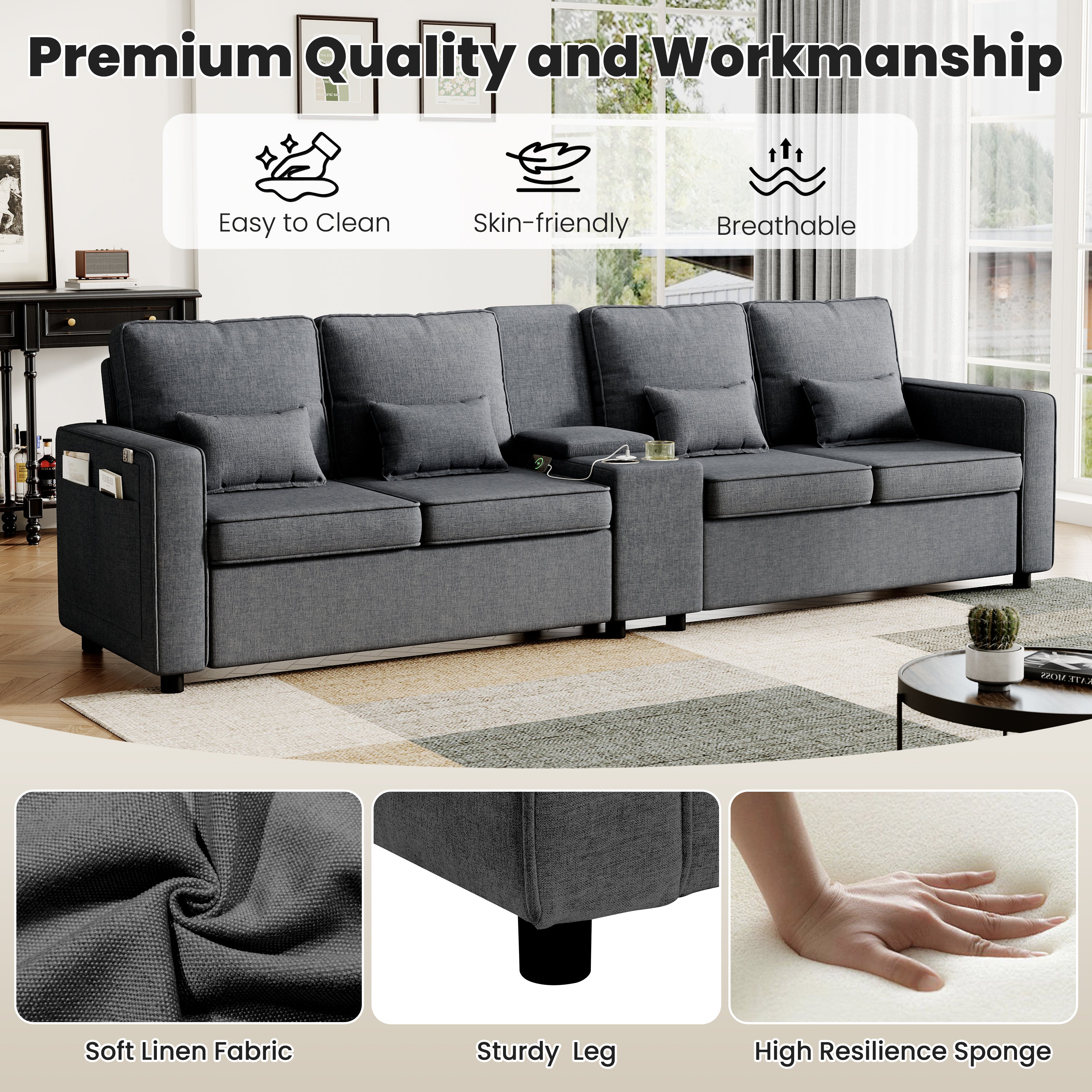 4-Seater Modern Sofa with Storage Console, Minimalist Style Couch with Side Pockets, Cup Holders and Charging Ports (USB & Type-C), for Living Room, Apartment, Office,Grey, Linen Fabric