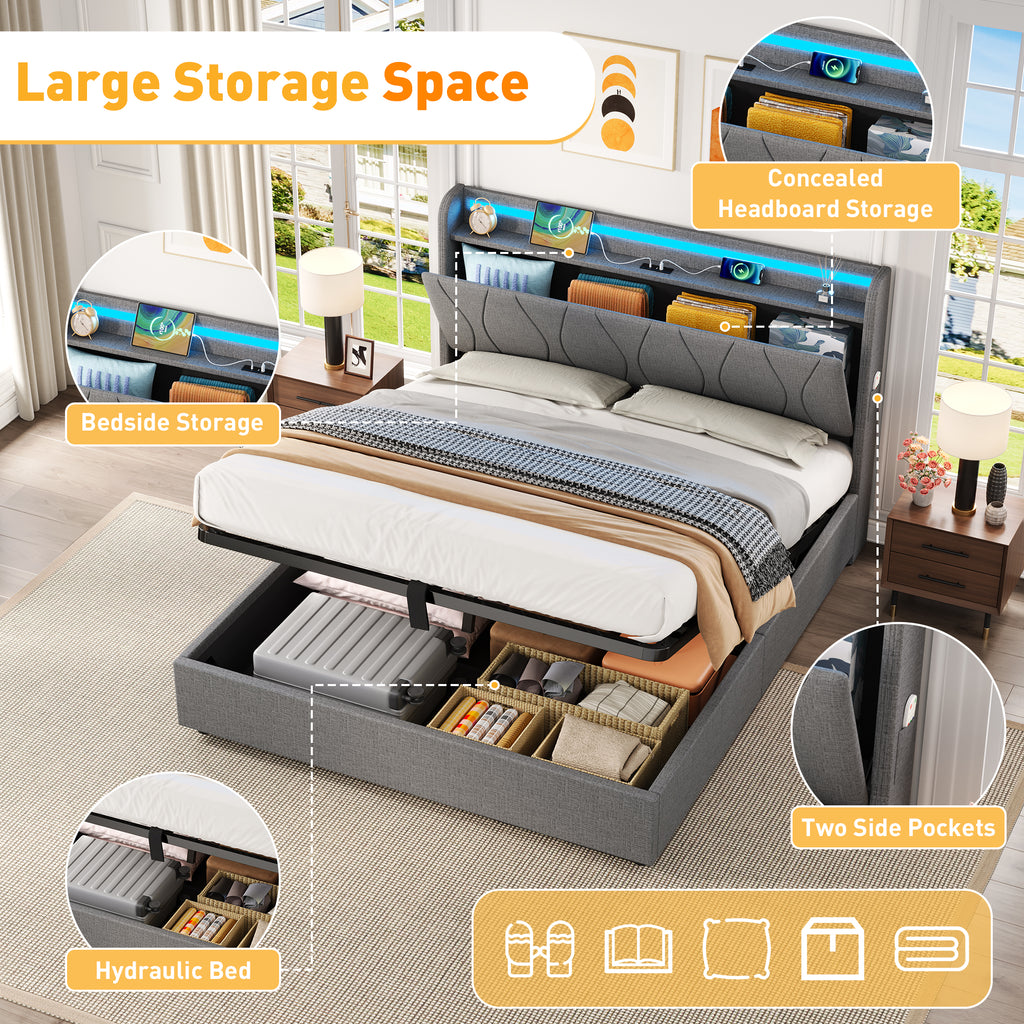 4ft6 Double Upholstered Bed Frame with Hydraulic Storage, LED Headboard with Charging Station and Concealed Headboard Storage, USB and Type - C Ports, Linen, No Box Spring Needed, Grey (No Mattress)