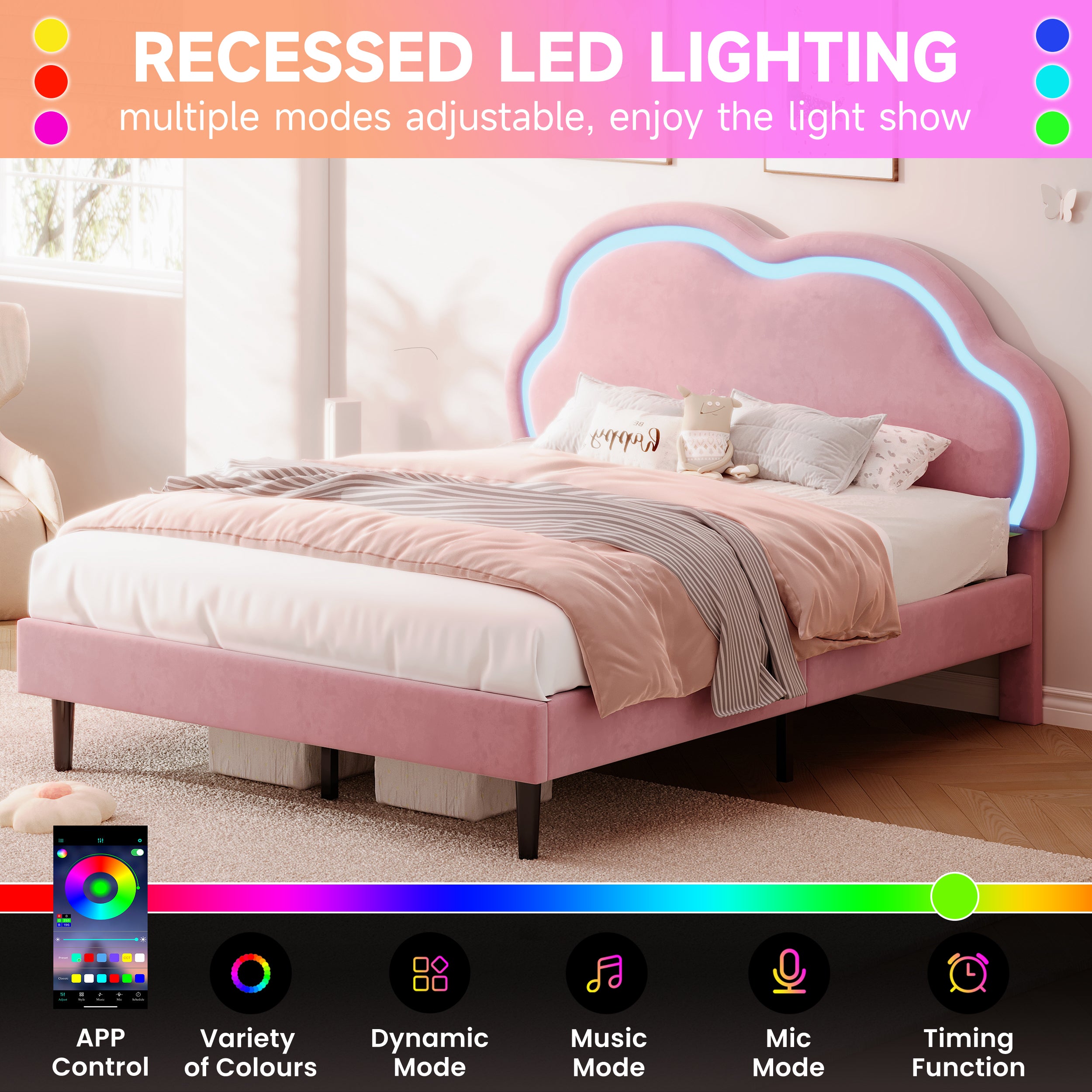 4ft6 Double Upholstered Bed with LED Adjustable Cute Cloud Headboard, Soft Velvet Bed Frame with Solid Wood Slat, No Box Spring Needed, Easy Assembly, Pink (No Mattress)