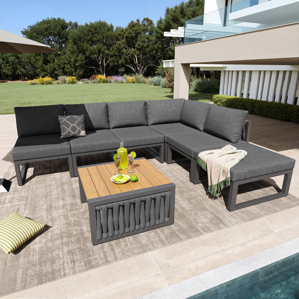 Garden Furniture Set with High-Quality Seat & Back Cushions, Garden Lounge Armchairs for 6 People, Outdoor Daybed, Adjustable Backrest Angle, Gray