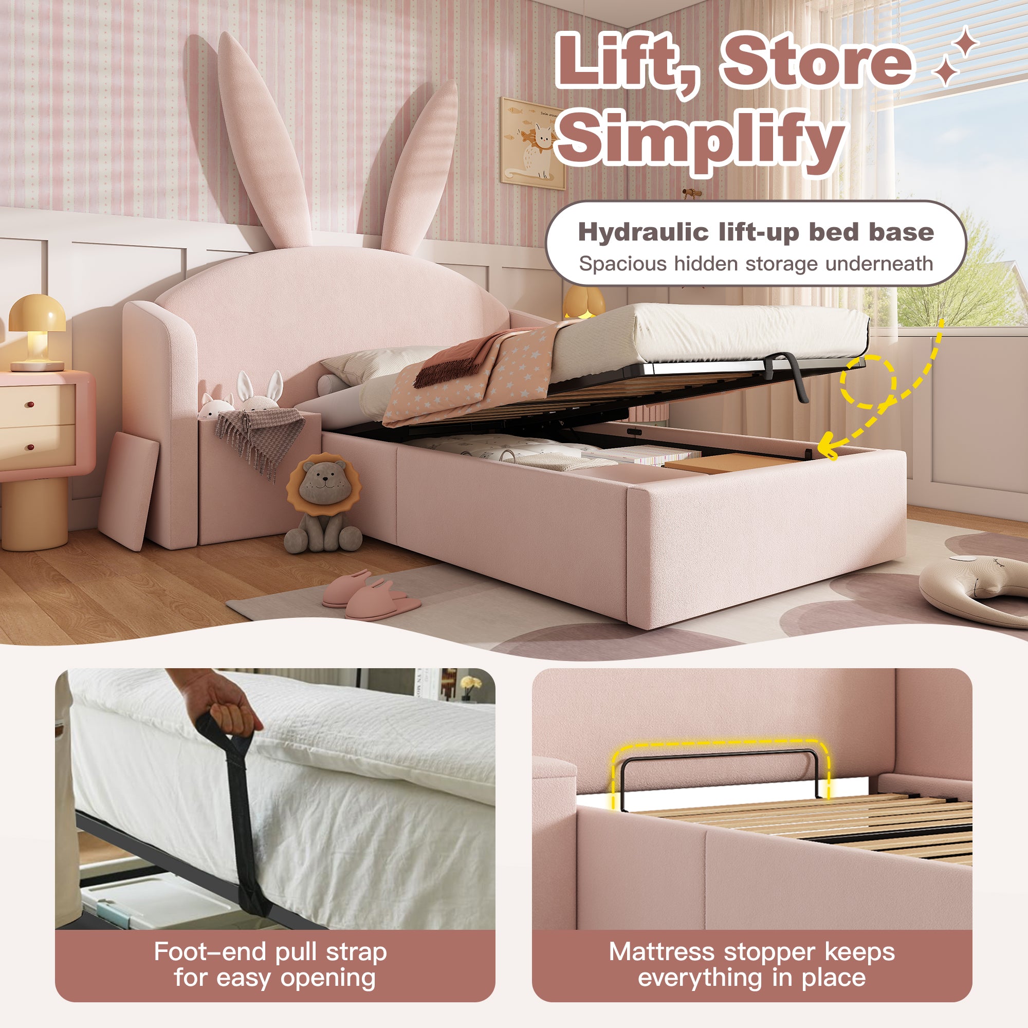 Bunny Ears Kids Bed, Single Upholstered Bed with Hydraulic Storage & Nightstand, Children Bed Frame for Girls Bedroom, 90 x 190 cm, Rose, No Mattress