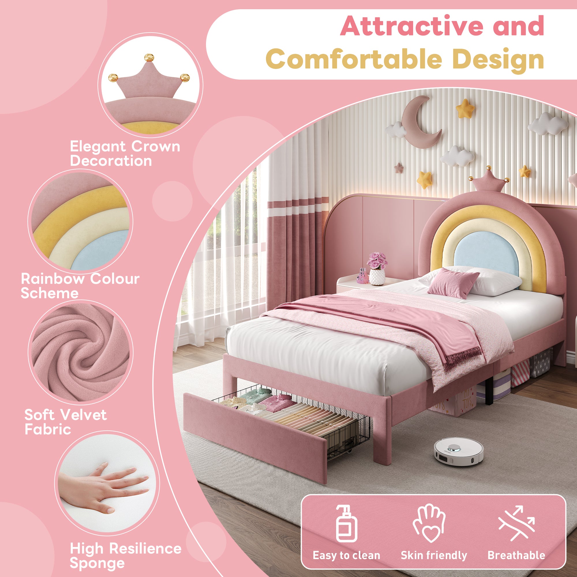 3ft Single Upholstered Bed with Adjustable Rainbow Headboard, Soft Velvet Bed Frame with Storage Drawer, Stylish Rainbow Headboard with Crown, No Box Spring Needed, Easy Assembly, Pink (No Mattress)