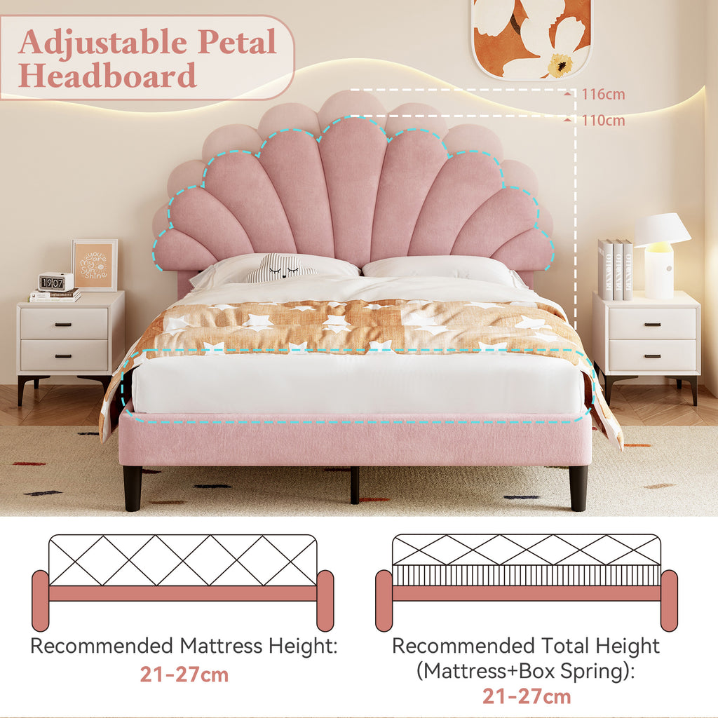 4ft6 Double Upholstered Velvet Bed Frame, with Adjustable Chic Petal Headboard, Velvet Platform Bed Frame with Solid Wood Slat, No Box Spring Needed, Easy Assembly, Pink
