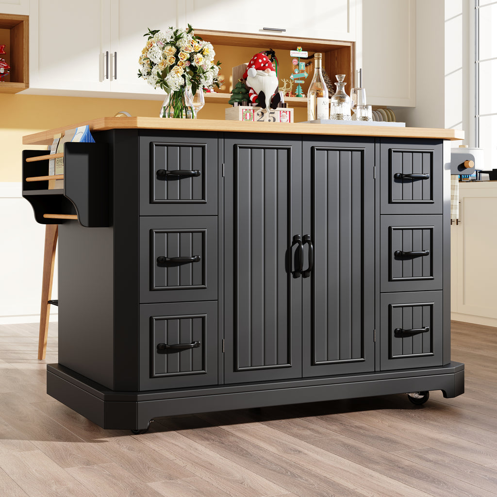 Mobile Kitchen Island Cart on Wheels - Cabinet with 2 Doors & 6 Drawers, Adjustable Width 45-75cm, White/Black