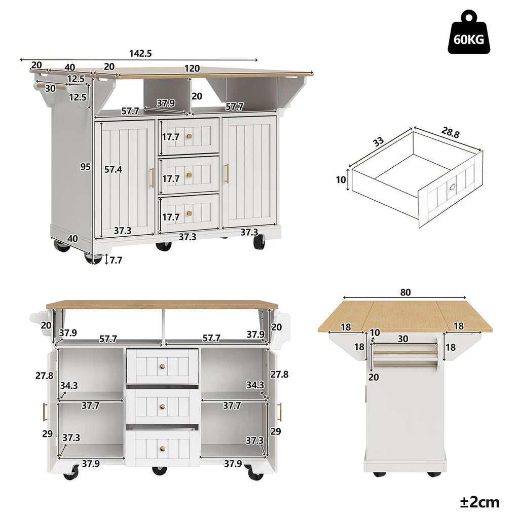 Kitchen island, cabinet, sideboard 120 x 40 (80) x 95 cm, extendable kitchen trolley with casters, extendable on both sides, with towel rail and spice rack, two doors, three drawers, black/white