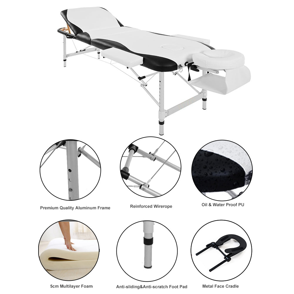 Massage Table Couch Bed Aluminium Tattoo Spa Reiki Portable Folded 3 Section with Premium PU Leather and 5 cm High Density Multi-Layer Foam Headrest Arm support and Carrying Bag