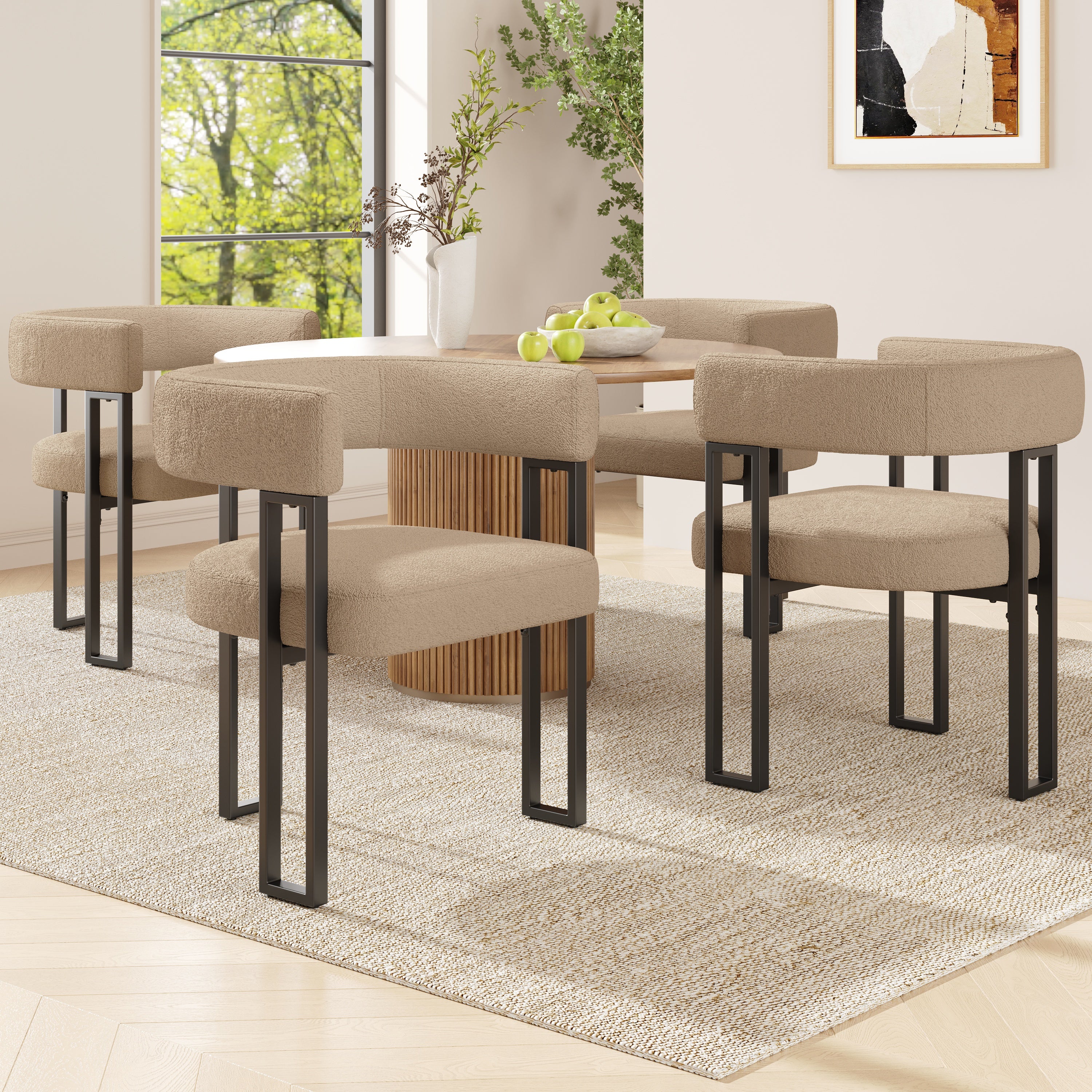 High-Quality Lamb Fleece Fabric (4 Pieces) Dining Chair Makeup Chair Dressing Chair Ergonomic Chair Lightweight Luxury Chair Curved Backrest, Beige/Brown