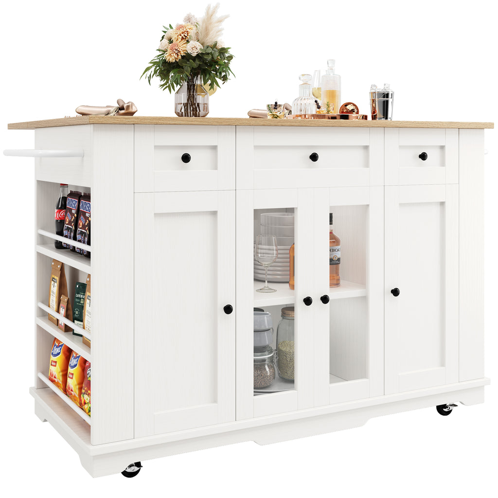 Kitchen island, (151.5x60x91.7cm)removable partitions, kitchen cabinet, dining trolley with worktop, sideboard, dining trolley with wood grain finish, sideboard, tempered glass cabinet, white/black