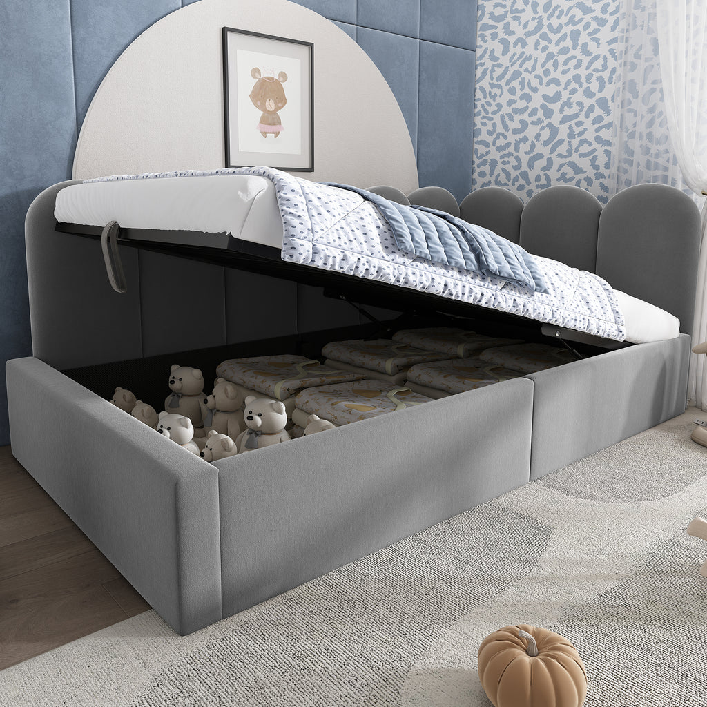 Upholstered Bed Daybed with Storage, 3FT Single Sofa Bed 90 x 190 cm, Daybed with Hydraulic Storage, Bed Frame with Metal Slatted Frame, Velvet, Grey (No Mattress)