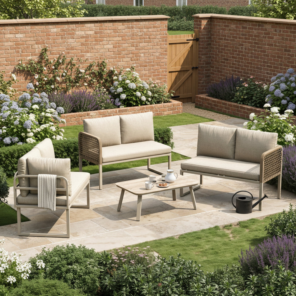 5-6 Seater Garden Furniture Set with Wood-look Tempered Glass Coffee Table, L-Shaped Corner Sofa with Polyester Rope, Weatherproof Outdoor Patio Dining Lounge Set for Balcony and Terrace, Linen, Beige